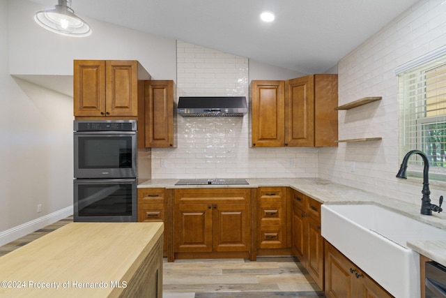 kitchen with stainless steel appliances, light hardwood / wood-style floors, sink, lofted ceiling, and decorative backsplash