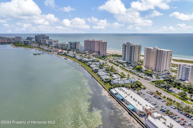 drone / aerial view with a water view and a view of the beach