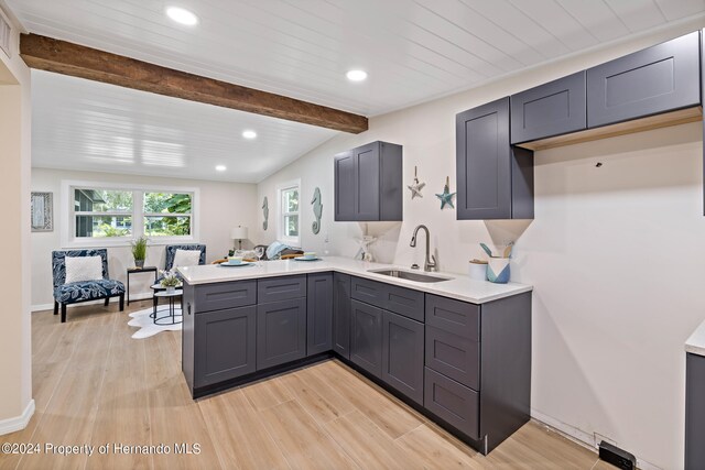 kitchen featuring vaulted ceiling with beams, light hardwood / wood-style floors, sink, and gray cabinetry