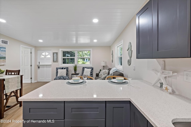 5369 Tuscawilla Dr, Weeki Wachee, FL 34607 - kitchen with a peninsula, open floor plan, light wood-style floors, light stone counters, and gray cabinetry