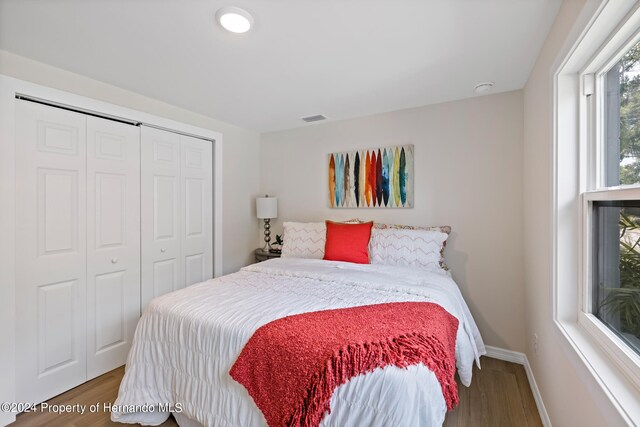 bedroom featuring hardwood / wood-style floors and a closet