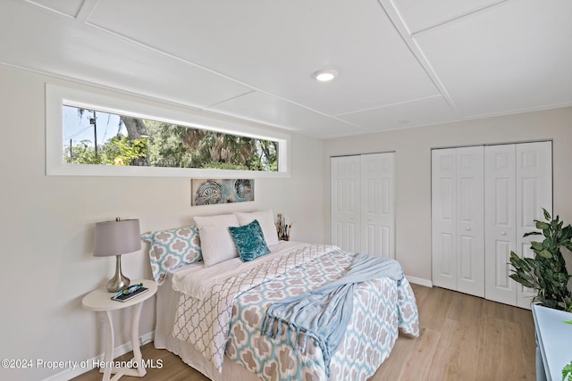 5369 Tuscawilla Dr, Weeki Wachee, FL 34607 - bedroom featuring two closets, light wood-style floors, multiple windows, and recessed lighting