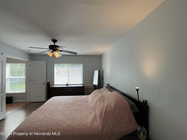 bedroom with hardwood / wood-style flooring, multiple windows, and a textured ceiling