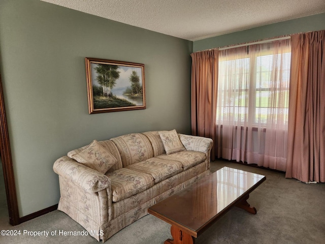 living room with light carpet and a textured ceiling