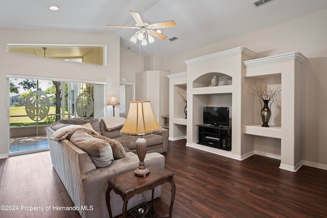 living room featuring dark wood-type flooring, built in features, lofted ceiling, and ceiling fan