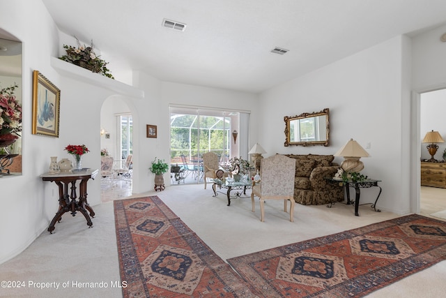 21312 Preservation Dr, Land O Lakes, FL 34638 - carpeted living room featuring arched walkways and visible vents