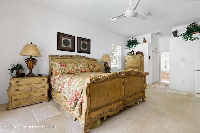 21312 Preservation Dr, Land O Lakes, FL 34638 - bedroom featuring visible vents, a ceiling fan, and light carpet