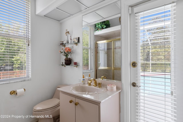 21312 Preservation Dr, Land O Lakes, FL 34638 - bathroom with vanity, a wealth of natural light, toilet, and a shower stall