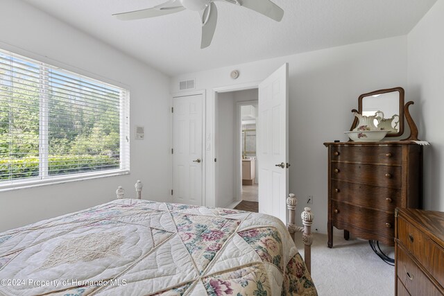 21312 Preservation Dr, Land O Lakes, FL 34638 - bedroom with light colored carpet, visible vents, and ceiling fan