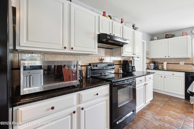 kitchen with black electric range, white cabinetry, and backsplash