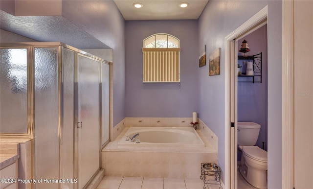 full bathroom featuring vanity, independent shower and bath, tile patterned flooring, and toilet