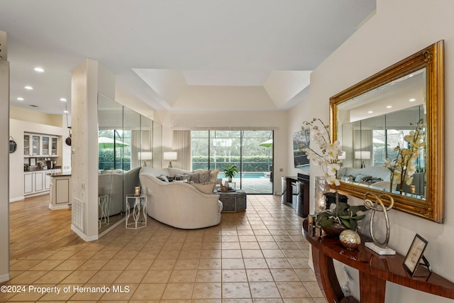 living room with light tile patterned flooring