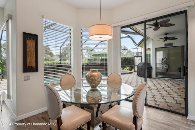 dining area with ceiling fan and light hardwood / wood-style flooring