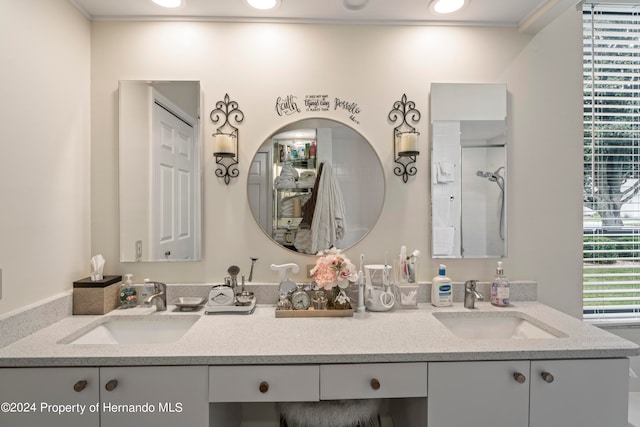 bathroom featuring walk in shower and vanity