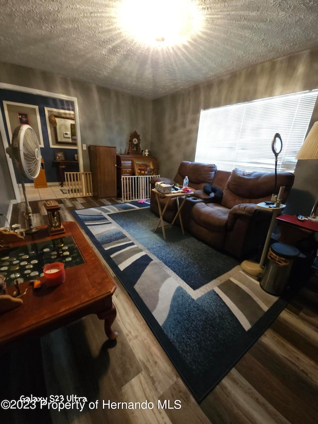 living room with hardwood / wood-style flooring and a textured ceiling