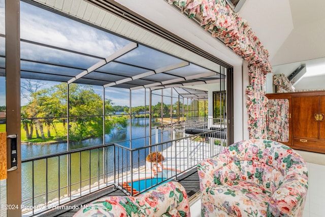 interior space with a water view