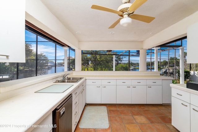 11915 W Riverhaven Dr, Homosassa, FL 34448 - kitchen featuring a sink, a water view, dishwashing machine, tile counters, and white cabinets