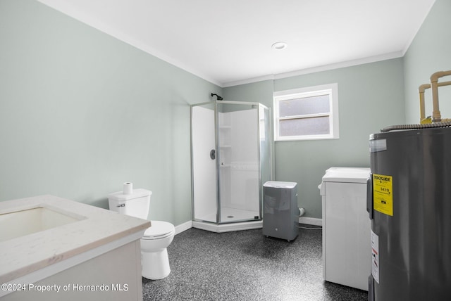 bathroom featuring electric water heater, vanity, crown molding, walk in shower, and washer / clothes dryer