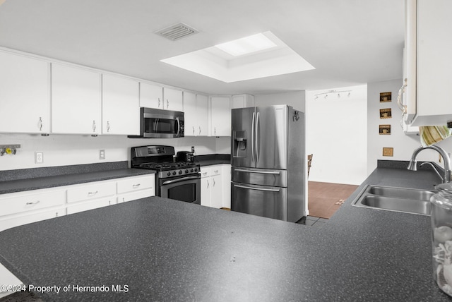 kitchen with sink, kitchen peninsula, appliances with stainless steel finishes, a raised ceiling, and white cabinets