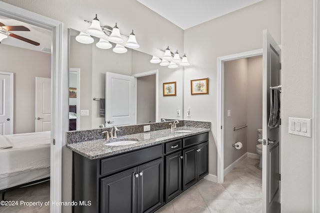 bathroom with tile patterned floors, ceiling fan, toilet, and vanity