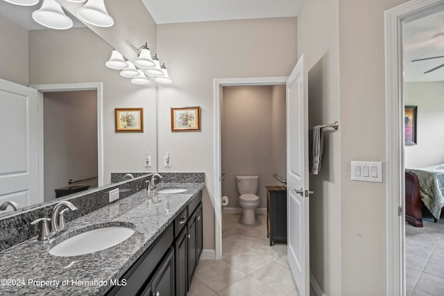 bathroom featuring tile patterned floors, vanity, toilet, and ceiling fan