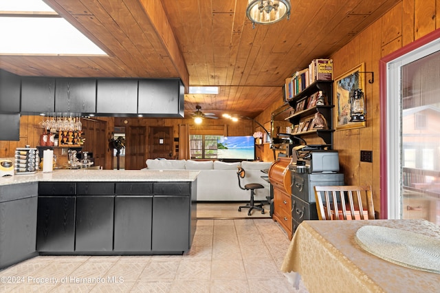 kitchen featuring kitchen peninsula, wooden walls, ceiling fan, and wooden ceiling