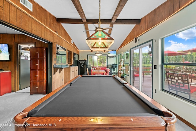 game room featuring wooden walls, light carpet, billiards, and lofted ceiling with beams