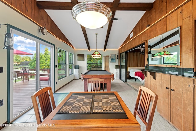 dining space with billiards, light colored carpet, high vaulted ceiling, and beam ceiling