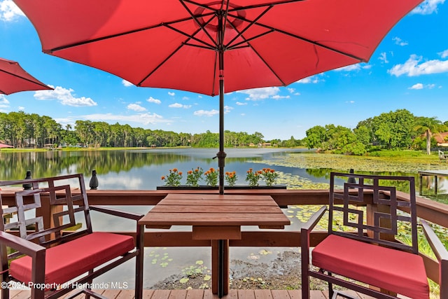 exterior space with a water view