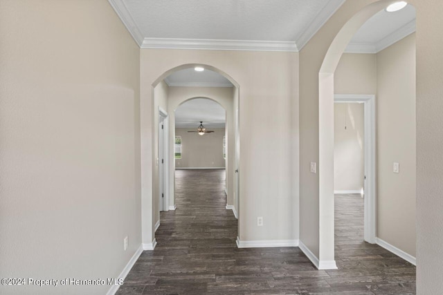 corridor with dark hardwood / wood-style floors and ornamental molding