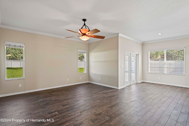 spare room featuring ceiling fan, dark hardwood / wood-style flooring, and a healthy amount of sunlight