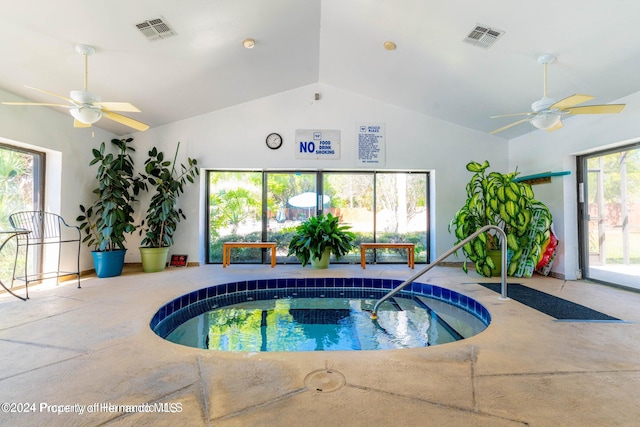 view of swimming pool featuring ceiling fan