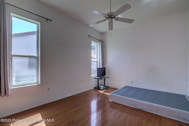 interior space with hardwood / wood-style floors, ceiling fan, and plenty of natural light