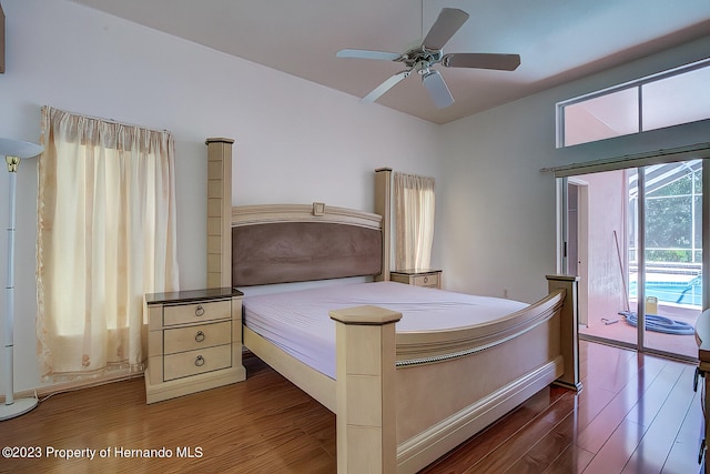 unfurnished bedroom with access to exterior, dark hardwood / wood-style flooring, and ceiling fan