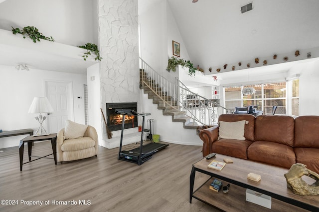 living room featuring high vaulted ceiling, wood-type flooring, and a fireplace