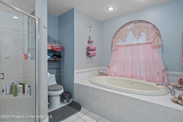 bathroom featuring tile patterned floors, a textured ceiling, toilet, and plus walk in shower