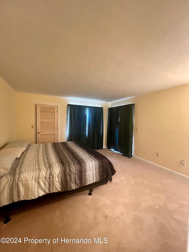 bedroom with light colored carpet