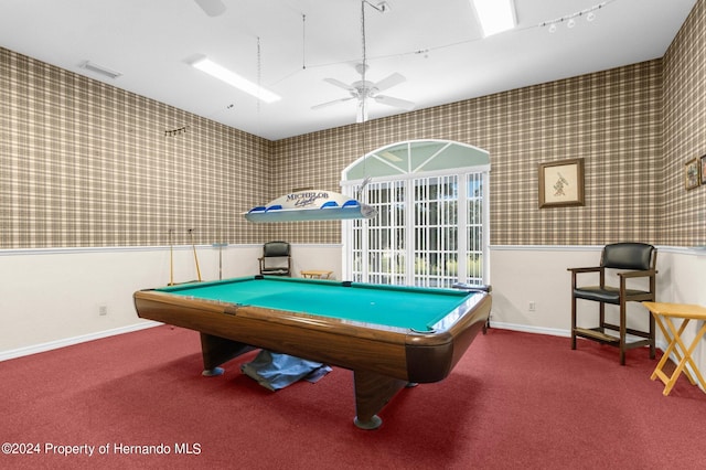 playroom with ceiling fan, pool table, and carpet