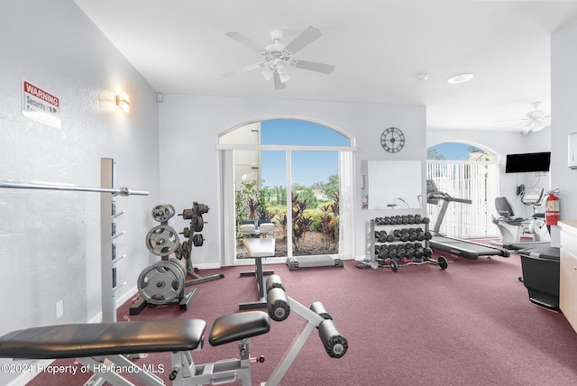 gym with ceiling fan and a healthy amount of sunlight