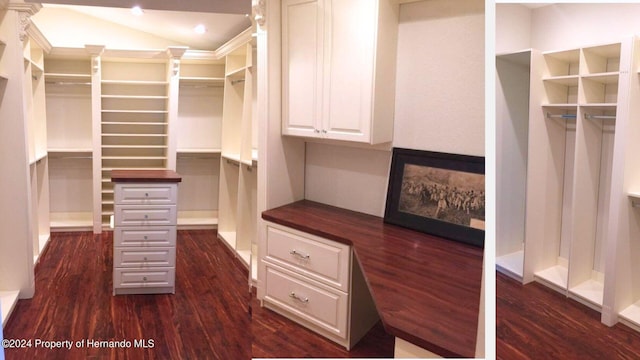 walk in closet with dark hardwood / wood-style flooring and lofted ceiling