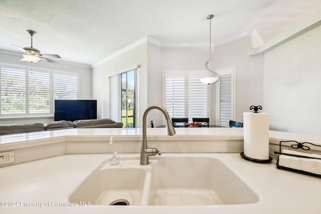 kitchen with a textured ceiling, sink, crown molding, and ceiling fan