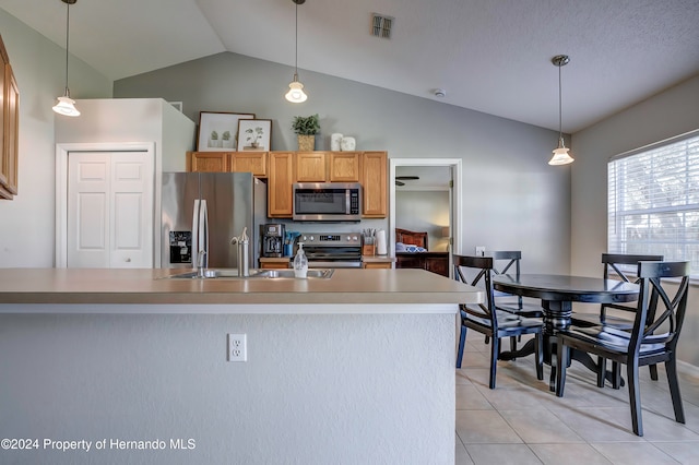 kitchen with pendant lighting, appliances with stainless steel finishes, and lofted ceiling