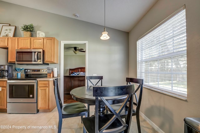 kitchen with appliances with stainless steel finishes, lofted ceiling, a healthy amount of sunlight, and hanging light fixtures