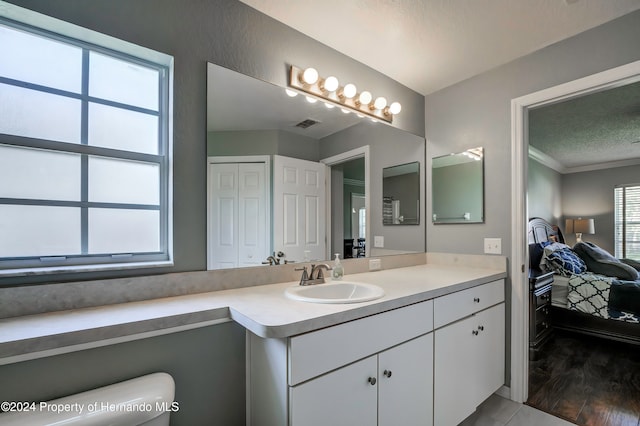 bathroom with a wealth of natural light, wood-type flooring, a textured ceiling, and vanity