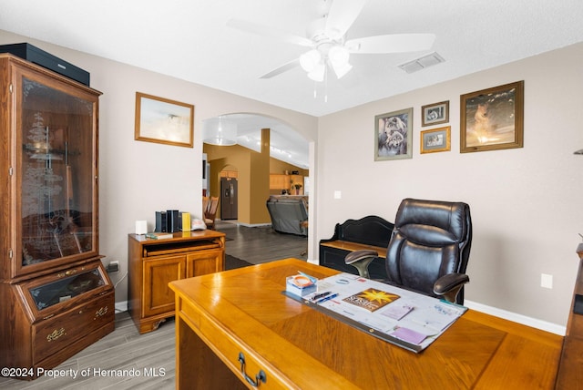 office featuring ceiling fan and light wood-type flooring