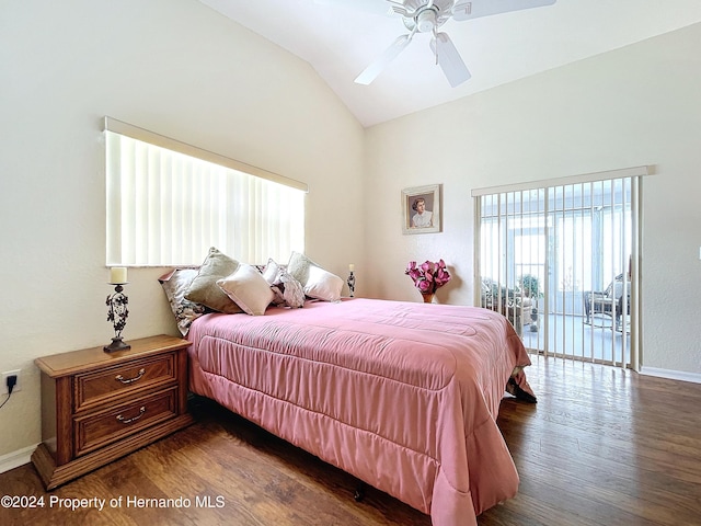 bedroom with dark hardwood / wood-style flooring, access to outside, lofted ceiling, and ceiling fan