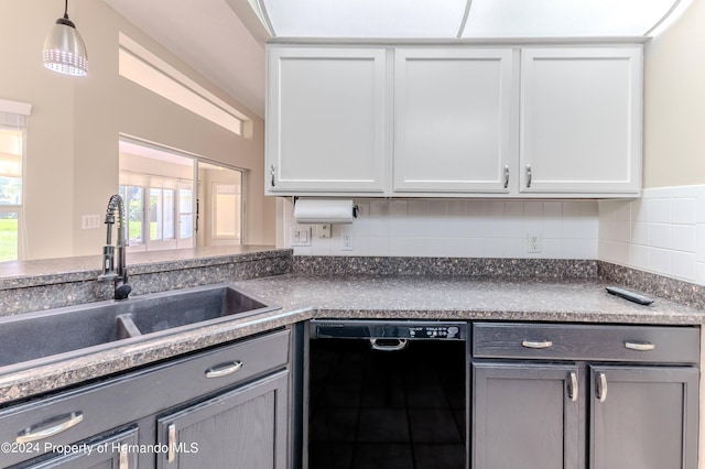 kitchen with white cabinets, gray cabinetry, sink, and dishwasher