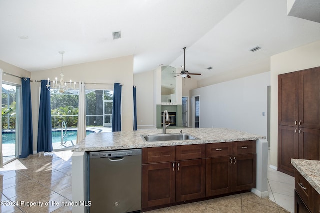 kitchen featuring stainless steel dishwasher, ceiling fan with notable chandelier, sink, and lofted ceiling