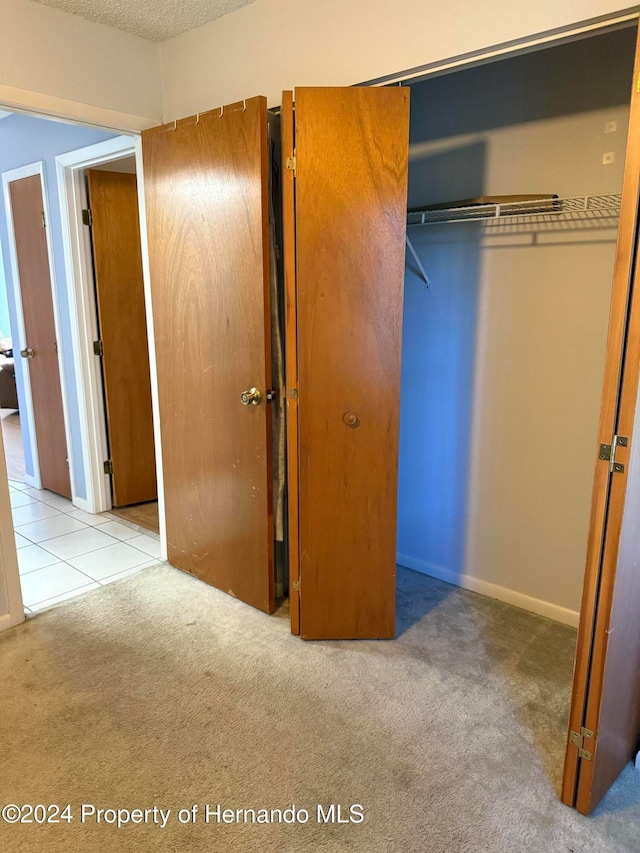 unfurnished bedroom with light colored carpet, a textured ceiling, and a closet