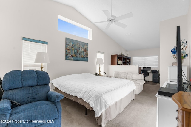 8016 Bellevista Ct, Spring Hill, FL 34606 - bedroom with light carpet, high vaulted ceiling, and ceiling fan